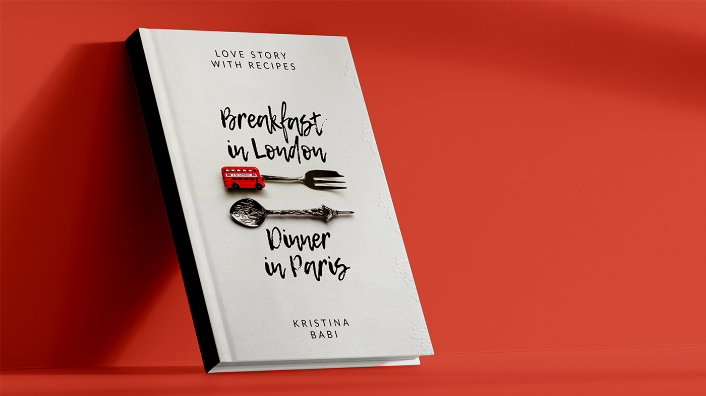 "Breakfast in London — Dinner in Paris" by Kristina Babi book cover standing at an angle against a red background