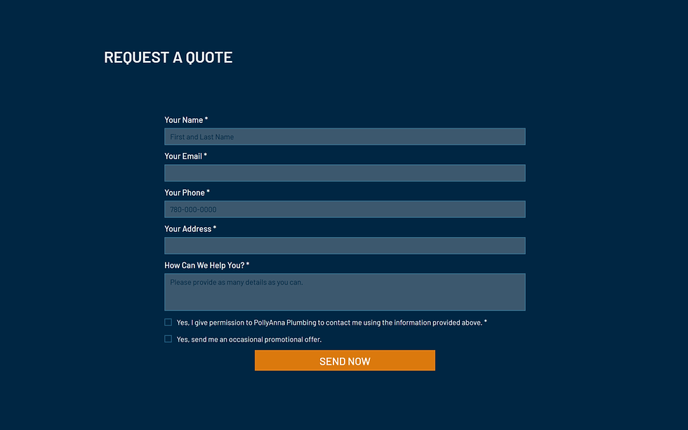 PollyAnna Plumbing "Request a Quote" form with fields for name, email, phone, address, and project details