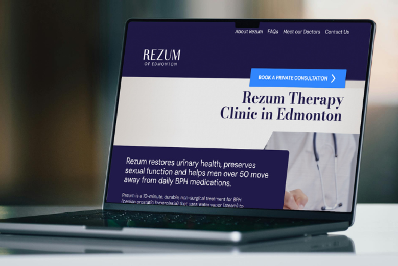 Rezum Therapy Clinic in Edmonton website on a laptop screen