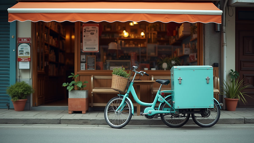 Eye-level view of a delivery bike parked in front of a local shop