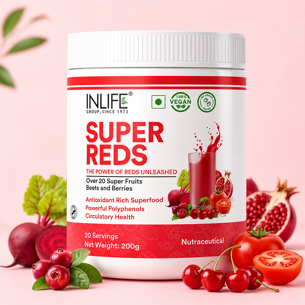 **Alt Text:** Inlife Super Greens & Reds Powder with a blend of fruits, vegetables, berry extracts, antioxidants, vitamins A