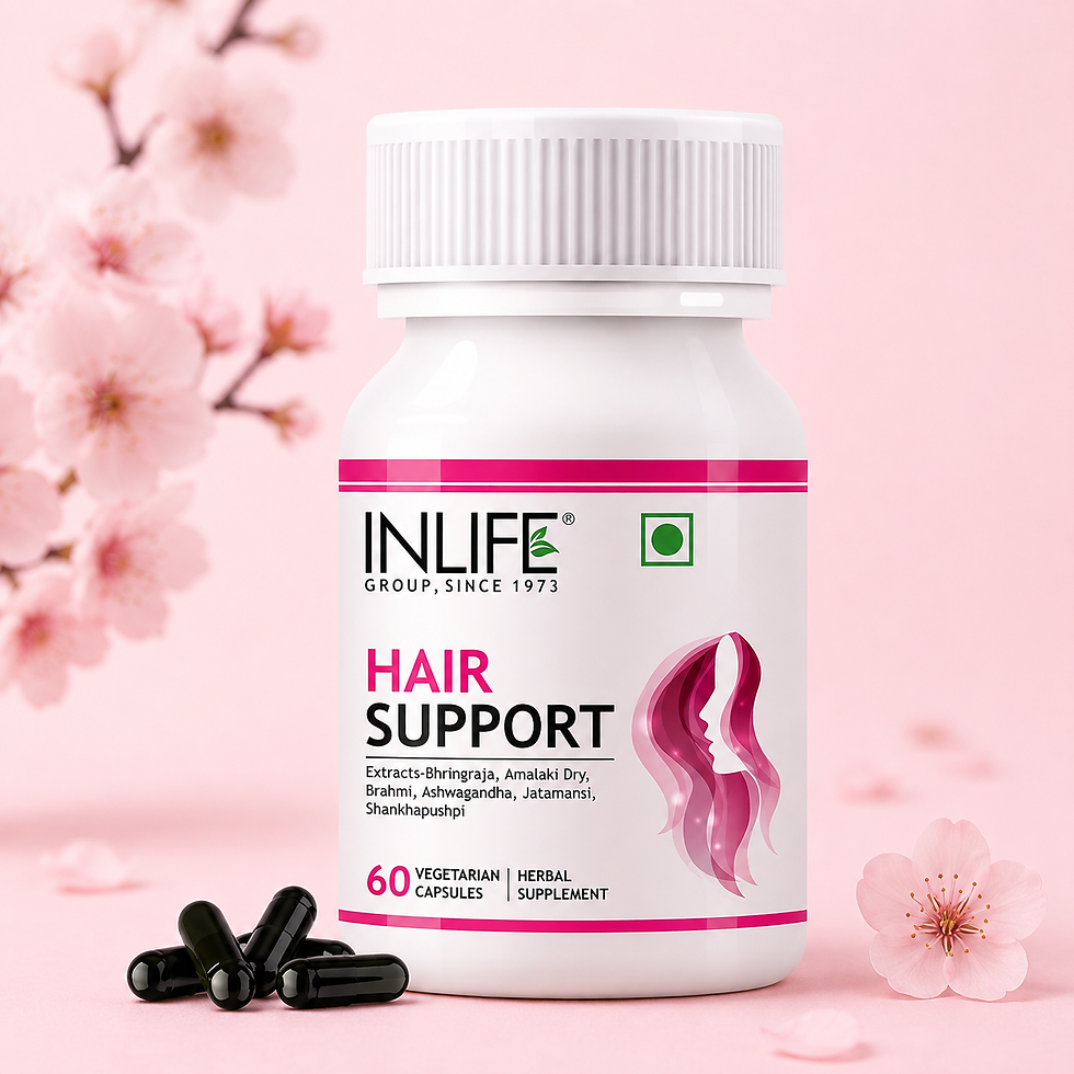 **Alt Text:** Inlife Hair Support Capsules with Bhringaraja, Amla, Brahmi, Ashwagandha, Jatamansi, and Shankhapushpi to suppo