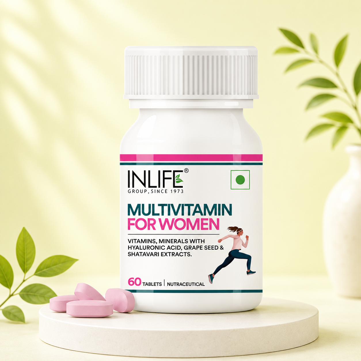 Inlife Multivitamin for Women Tablets, 60-tablet bottle with vitamins, minerals, Hyaluronic Acid, Grape Seed Extract, and Sha