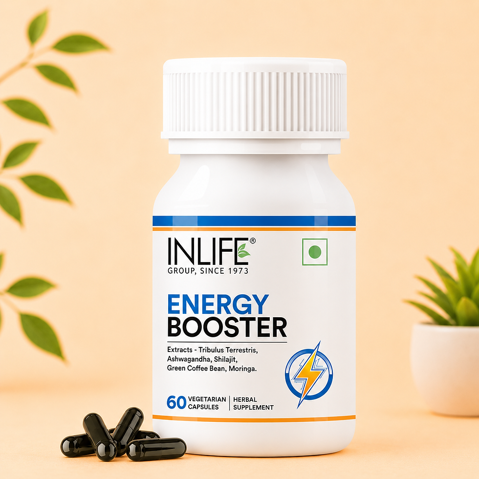**Alt Text:** Inlife Energy Booster Capsules with Ashwagandha, Tribulus Terrestris, Shilajit, Green Coffee Bean Extract, and