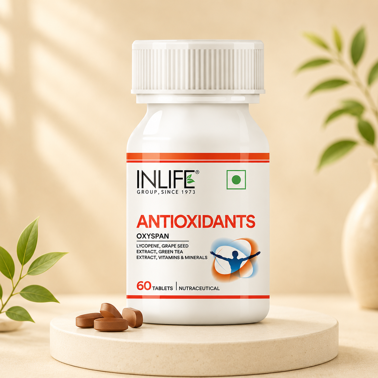 Inlife Antioxidants Tablets, 60-tablet bottle with Lycopene, Green Tea Extract, Grape Seed Extract, vitamins, and minerals to