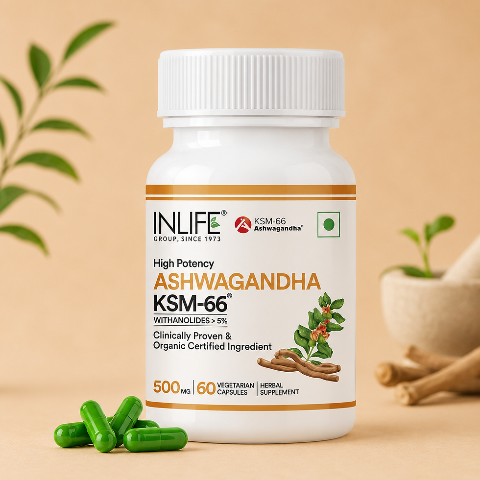 **Alt Text:** Inlife Ashwagandha KSM-66® Capsules with 500 mg Ashwagandha root extract to support stress relief, energy, stam