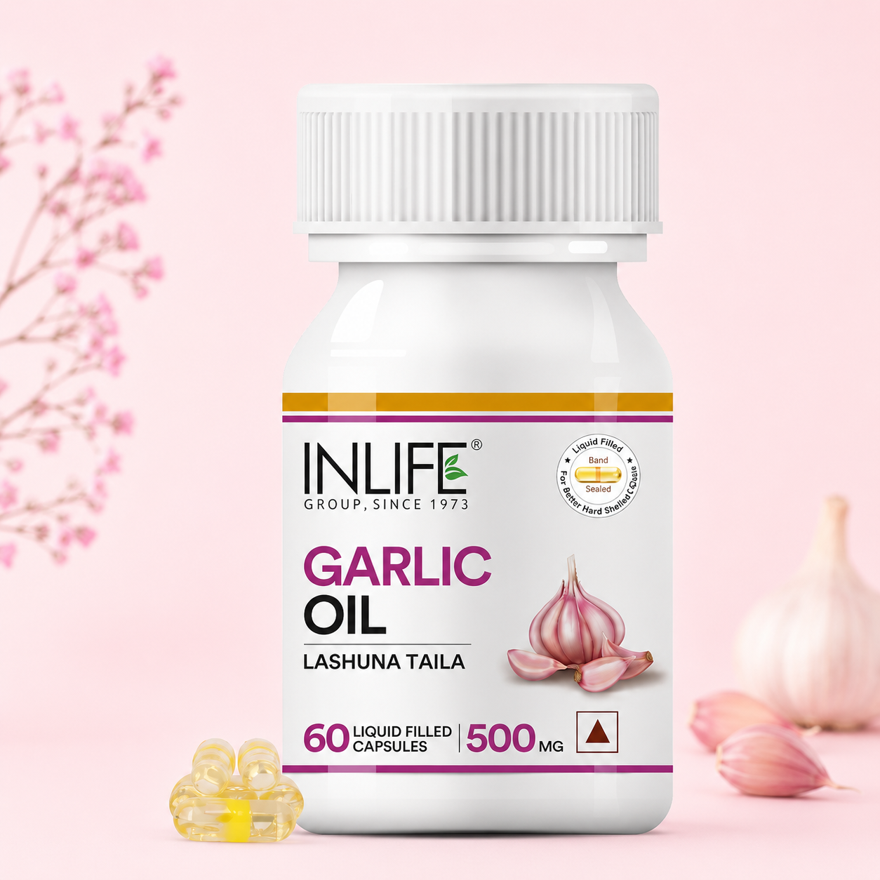 **Alt Text:** Inlife Garlic Oil Capsules with 500 mg Garlic Oil (Lashuna Taila) to support heart health, healthy circulation,