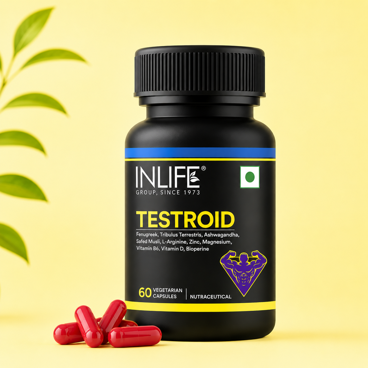 Inlife Testroid Capsules containing magnesium, fenugreek, gokshura, ashwagandha, safed musli, L-arginine, zinc,