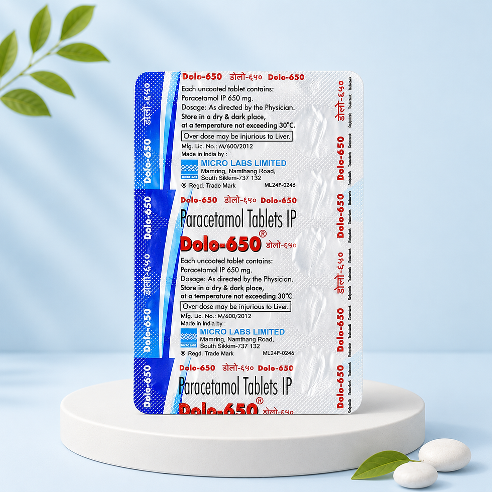 Dolo-650 blister pack containing Paracetamol IP 650 mg tablets, pack of 15 tablets for fever and pain relief.