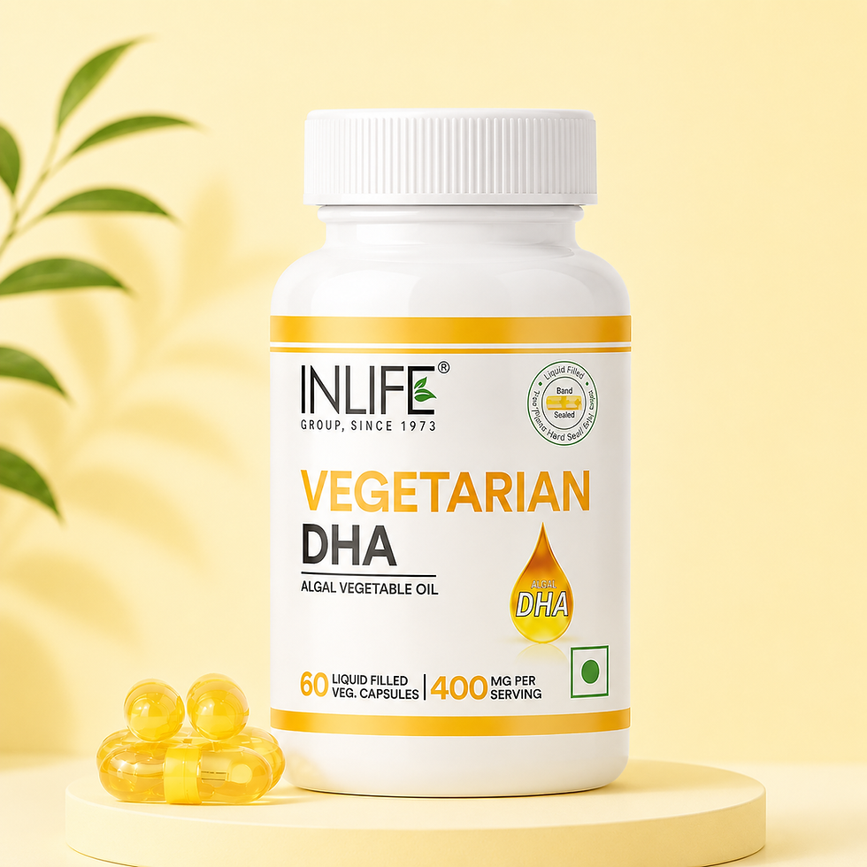 **Alt Text:** Inlife Vegan DHA Algal Oil Capsules with 1000 mg algal vegetable oil providing 400 mg DHA (Docosahexaenoic Acid