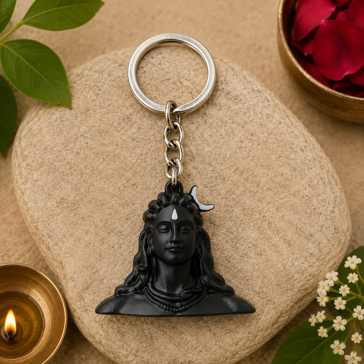 Adiyogi statue keychain with a silver metal ring and chain, featuring a black sculpted Adiyogi bust with a crescent moon deta