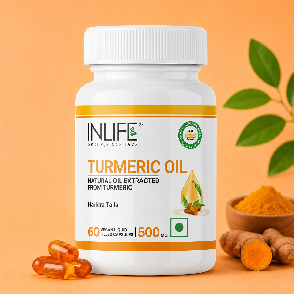 **Alt Text:** Inlife Turmeric Oil Capsules with 500 mg Turmeric Oil (*Curcuma longa*) and Black Pepper Oil to support joint h