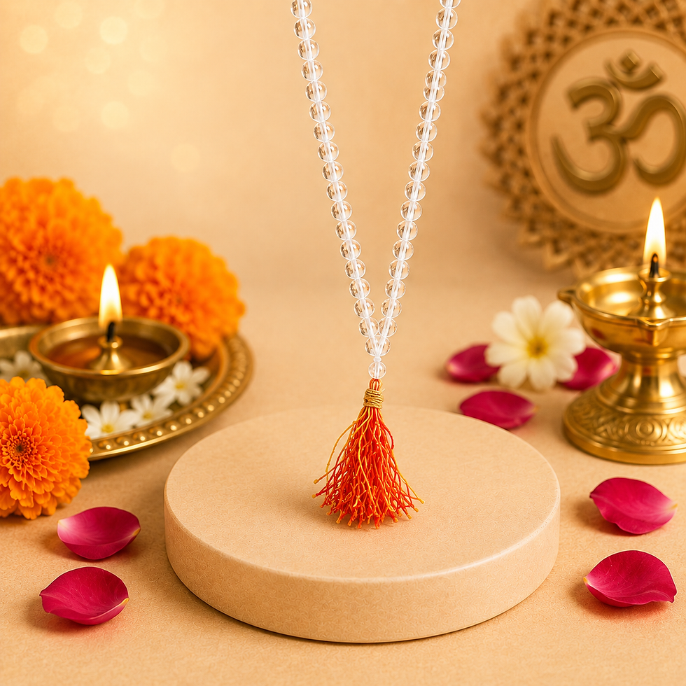 Spatik Mala (Quartz Stones) – Style 3, a traditional clear quartz mala with 108+1 beads for meditation, japa, and spiritual p