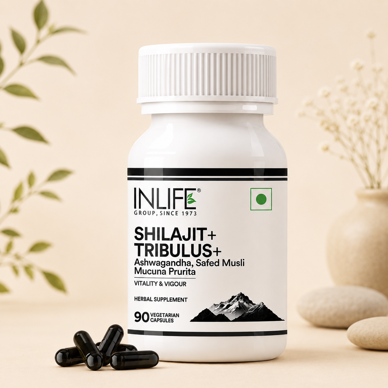 **Alt Text:** Inlife Shilajit + Tribulus Capsules with Shilajit, Tribulus Terrestris, Ashwagandha, Mucuna pruriens, and Safed