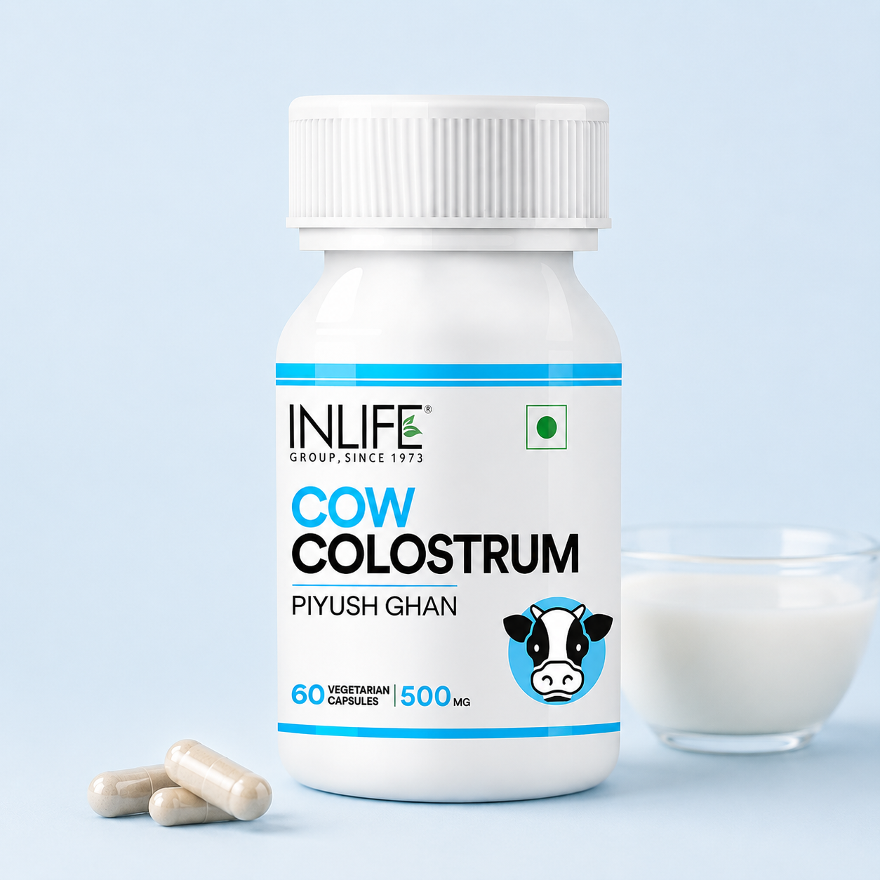 **Alt Text:** Inlife Cow Colostrum Capsules with 500 mg Cow Colostrum (Piyush Ghan) per capsule to support immune health, dig