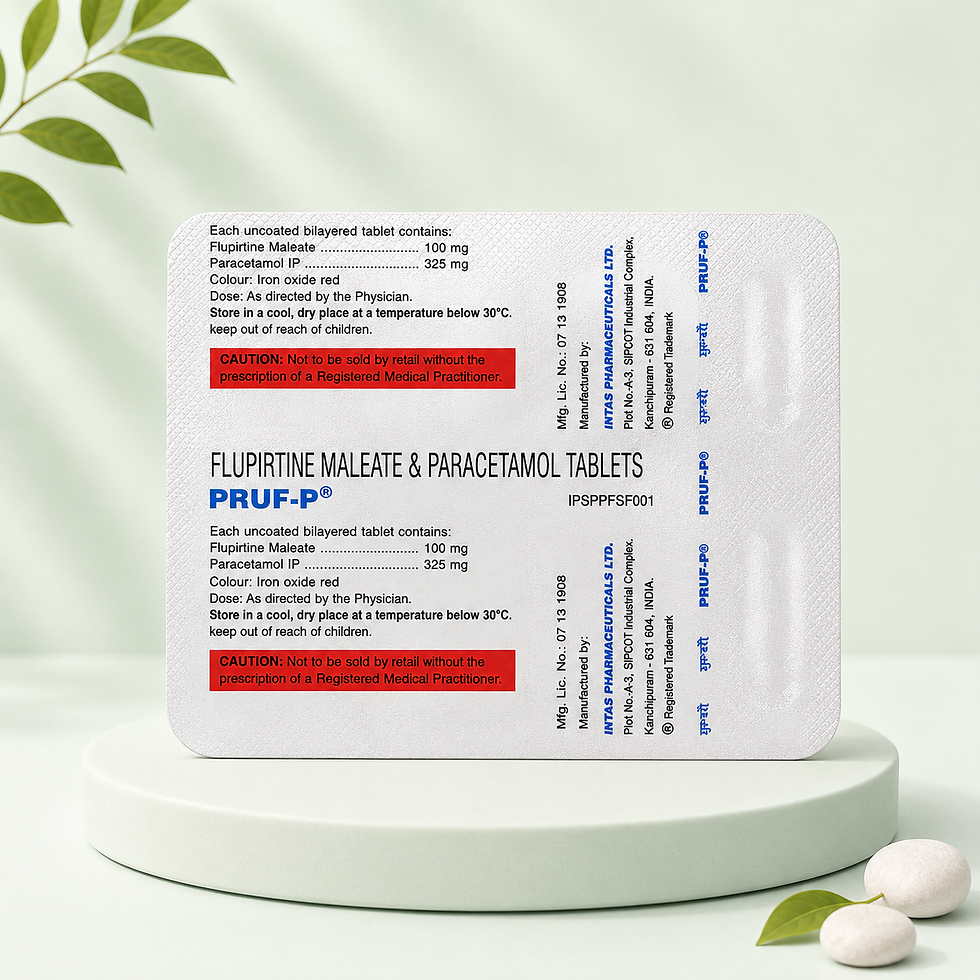 PRUF-P Tablets blister pack containing Flupirtine Maleate 100 mg and Paracetamol 325 mg, pack of 10 prescription tablets.