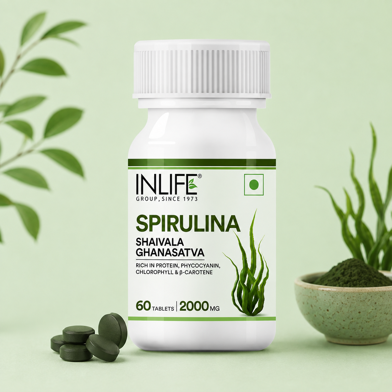 **Alt Text:** Inlife Organic Spirulina Tablets with certified organic Spirulina to support daily nutrition, immunity, energy,