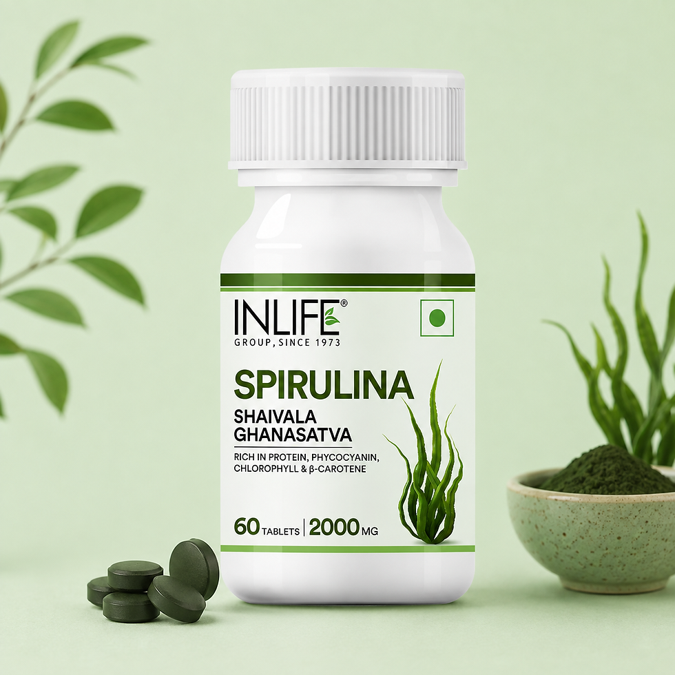 **Alt Text:** Inlife Organic Spirulina Tablets with certified organic Spirulina to support daily nutrition, immunity, energy,
