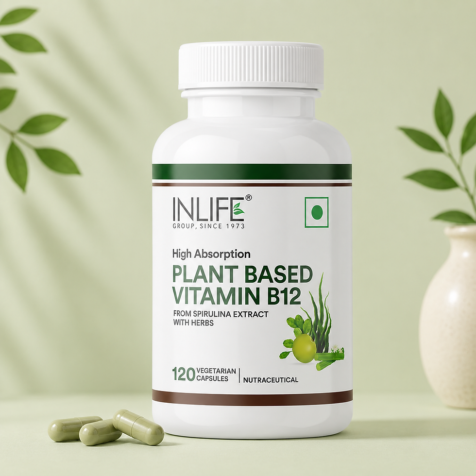 Inlife Plant-Based Vitamin B12 Capsules, 60 vegetarian capsules with Vitamin B12 from Spirulina extract and a blend of Moring