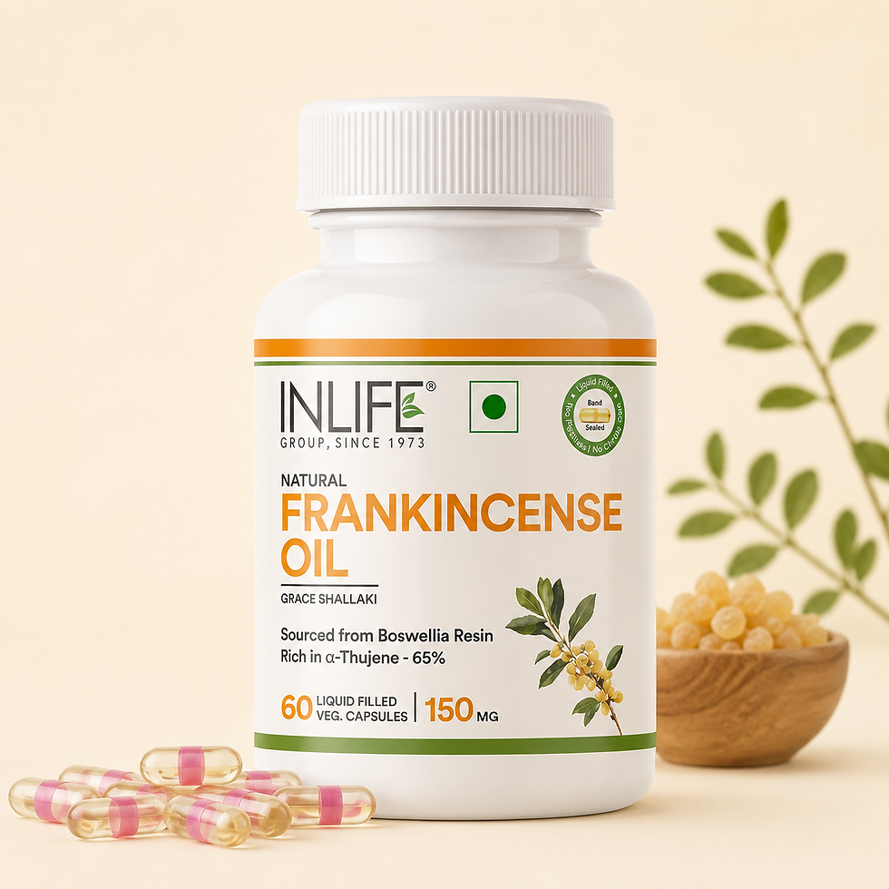 **Alt Text:** Inlife Frankincense Oil Capsules with 150 mg Frankincense Oil (Shallaki Taila) sourced from Boswellia resin to