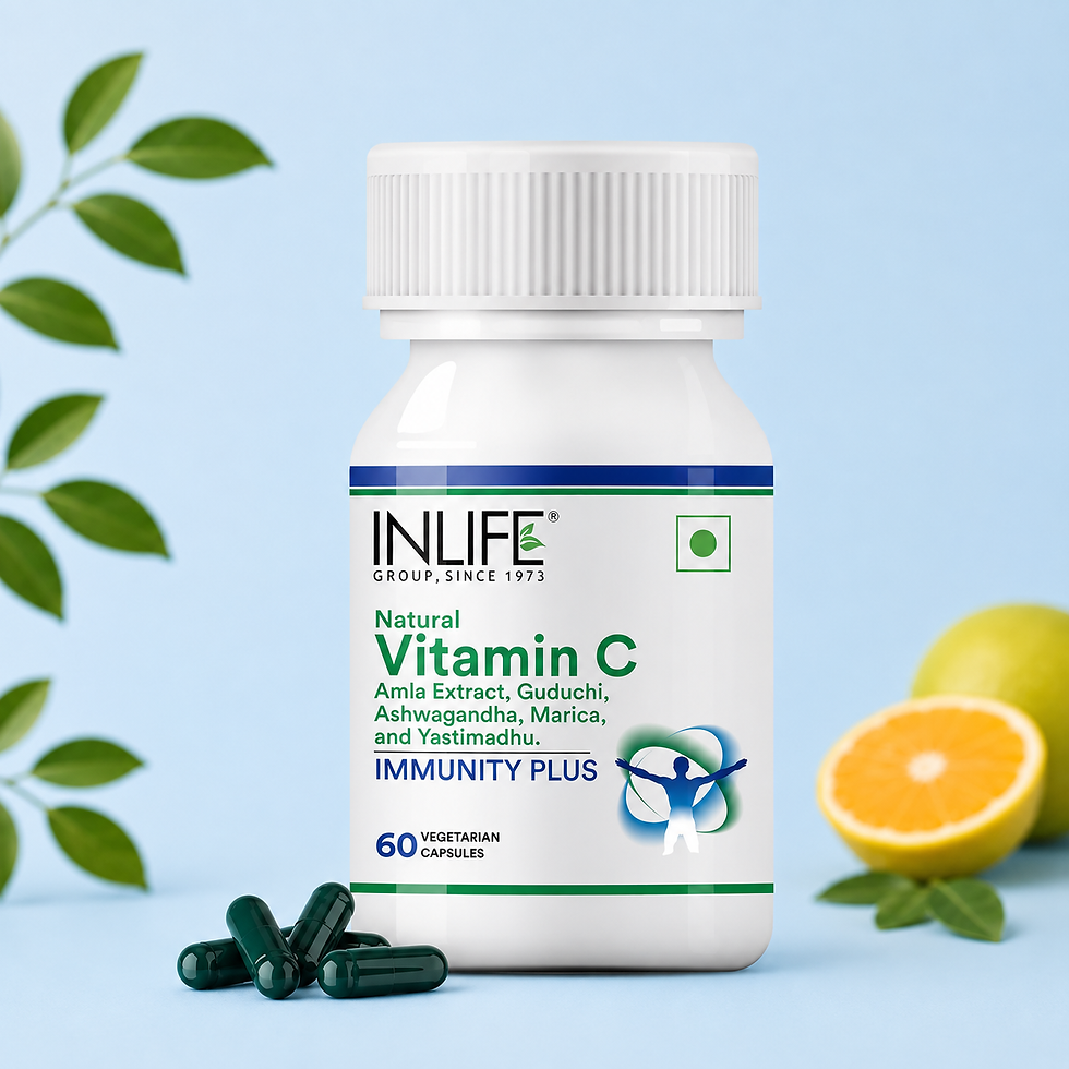 **Alt Text:** Inlife Natural Vitamin C Immunity Plus Capsules with Amla, Guduchi, Ashwagandha, Yashtimadhu, and Marica to sup