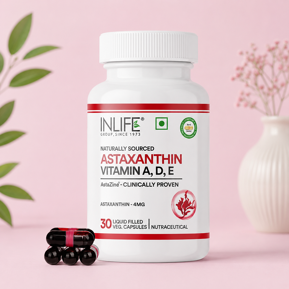 **Alt Text:** Inlife Astaxanthin Capsules, 30 vegetarian capsules with AstaZine® Astaxanthin from microalgae, Vitamin A, Vita