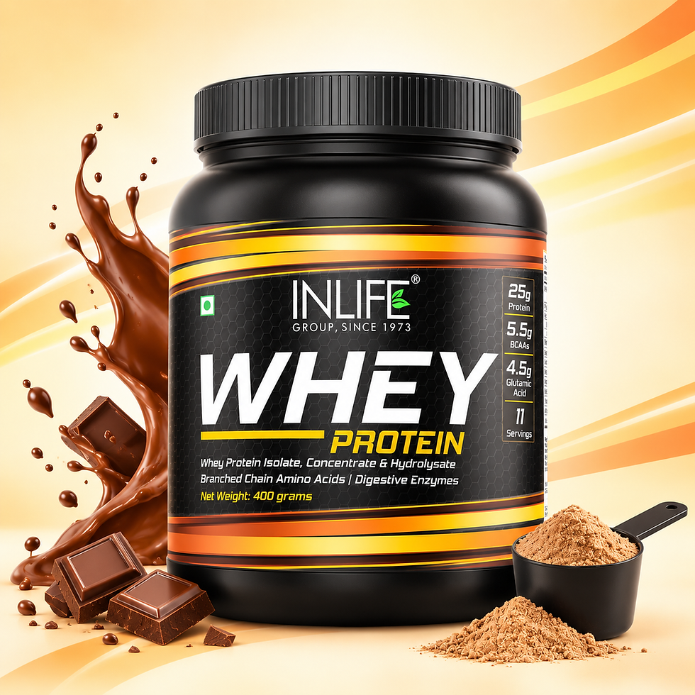 **Alt Text:** Inlife Whey Protein Powder Chocolate Flavour with 25 g protein per serving from whey protein isolate, concentra