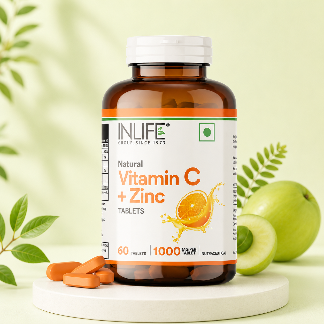 Inlife Natural Vitamin C + Zinc Tablets, 60-tablet bottle with 1,000 mg Amla (Phyllanthus Emblica) Extract and 10 mg Zinc to