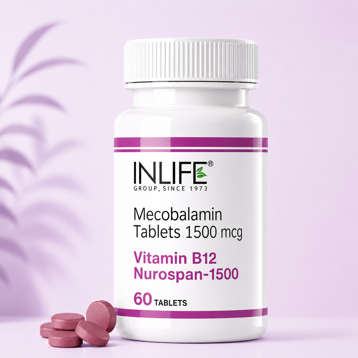**Alt Text:** Inlife Mecobalamin 1500 mcg film-coated tablets containing Mecobalamin (Vitamin B12) to support normal nervous