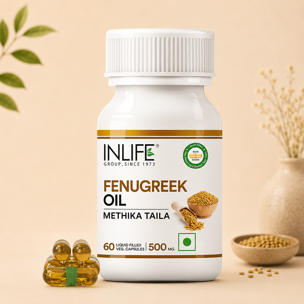 **Alt Text:** Inlife Fenugreek Oil Capsules with 500 mg Fenugreek Oil (Methika Taila) to support healthy digestion, metabolis