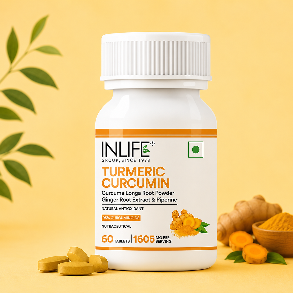 **Alt Text:** Inlife Turmeric Curcumin with Ginger & Black Pepper Tablets containing turmeric root powder, 95% curcuminoids,