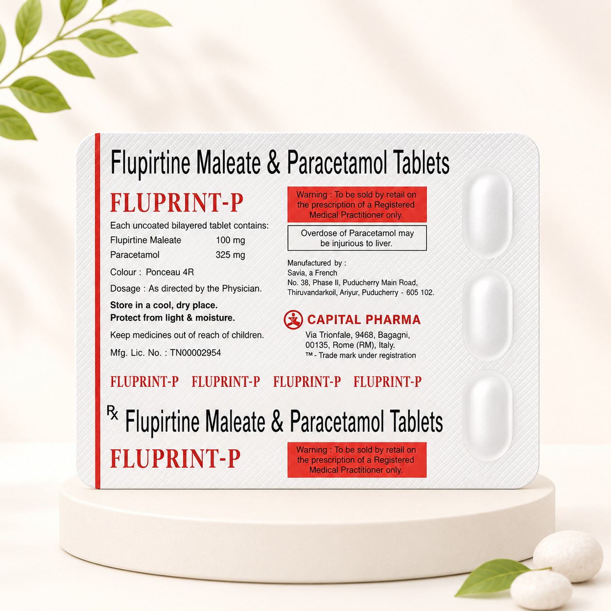 Fluprint-P Tablets for joint pain | blister containing Flupirtine Maleate 100 mg and Paracetamol 325 mg, pack of 10 tablets