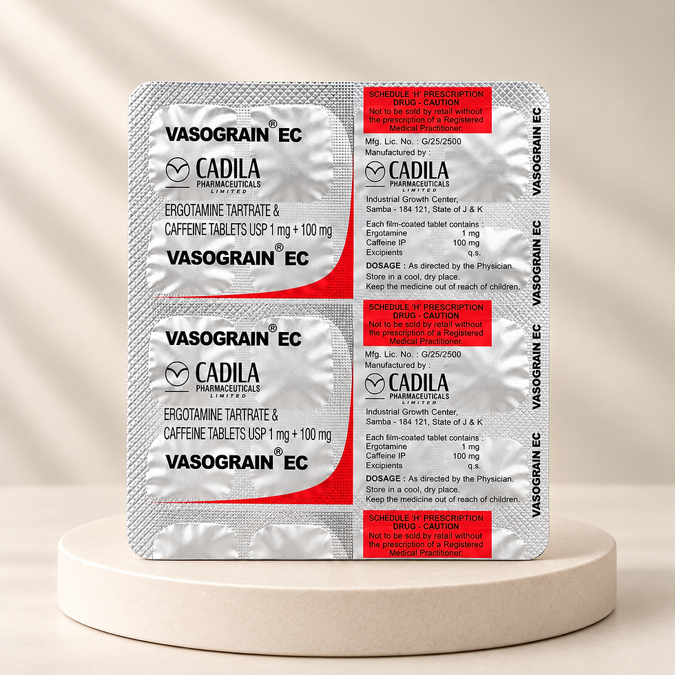 Cadila Vasograin Tablets 20-tablet blister Ergotamine Tartrate 1 mg and Caffeine Anhydrous 100 mg for migraine headaches