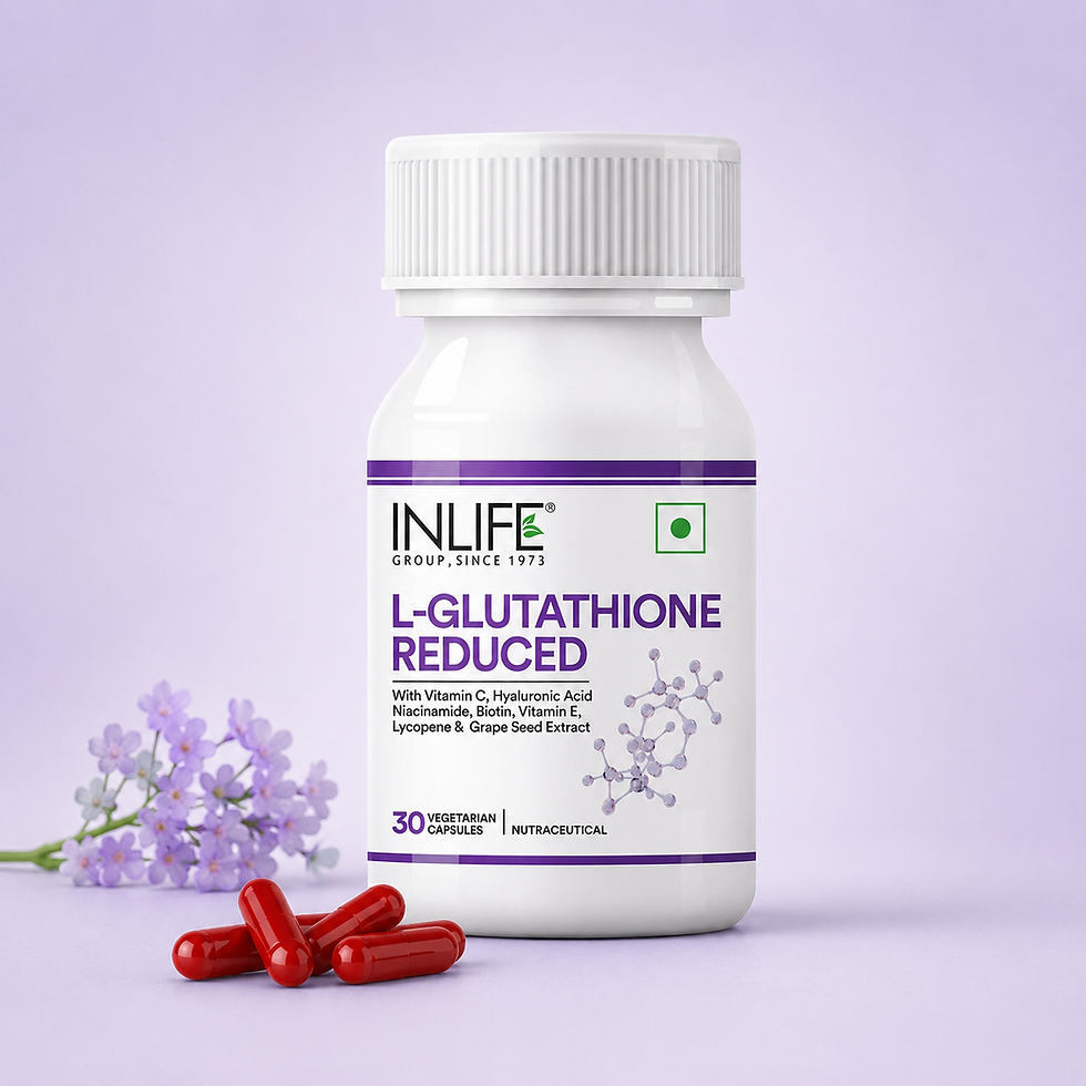 **Alt Text:** Inlife L-Glutathione Reduced 500 mg Capsules with reduced L-glutathione, grape seed extract, hyaluronic acid, v