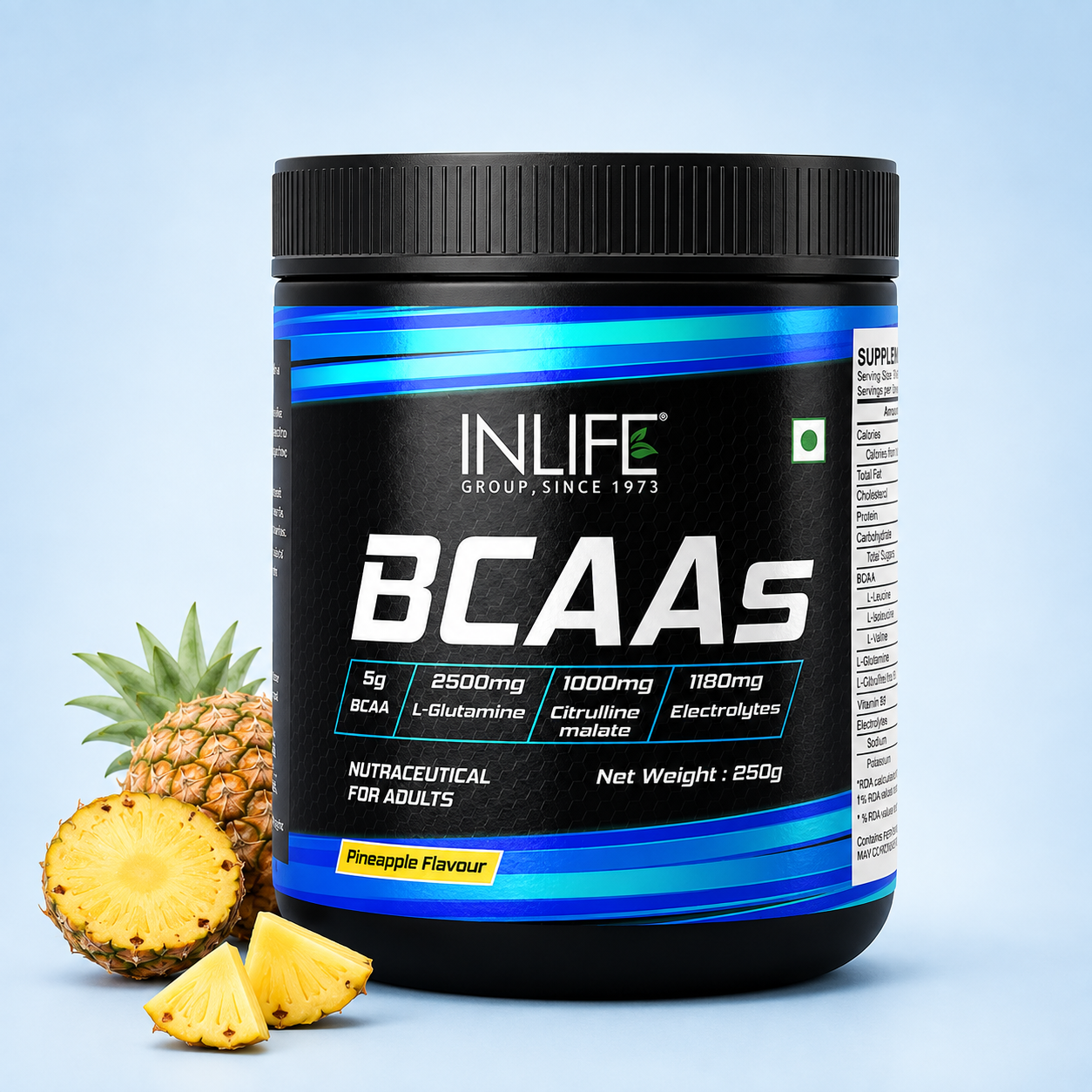 **Alt Text:** Inlife BCAAs Powder Orange Flavour with 5 g BCAAs (2:1:1 ratio), 2.5 g L-Glutamine, 1 g L-Citrulline DL-Malate,