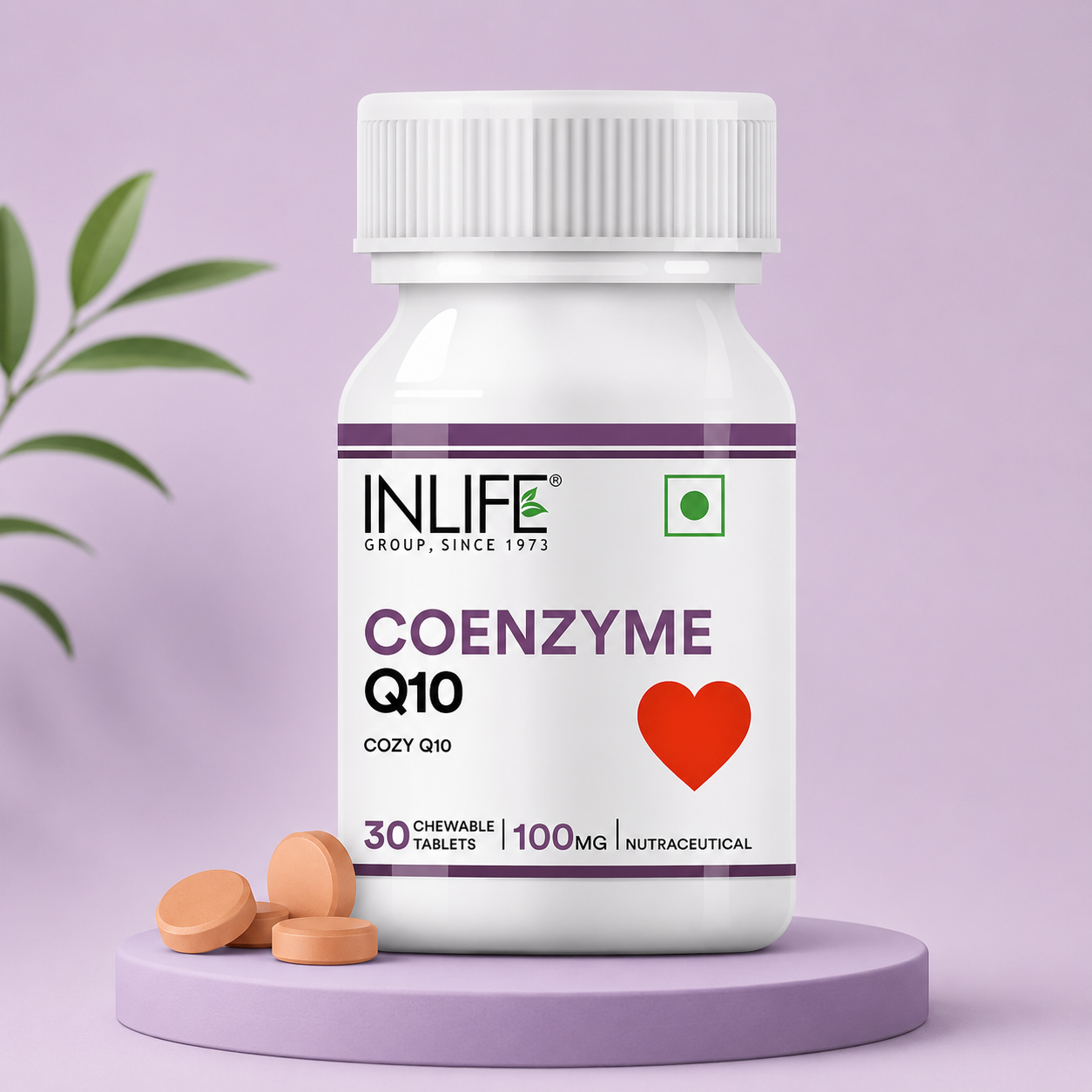 **Alt Text:** Inlife Coenzyme Q10 100 mg Tablets with 100 mg Coenzyme Q10 per tablet to support heart health, cellular energy