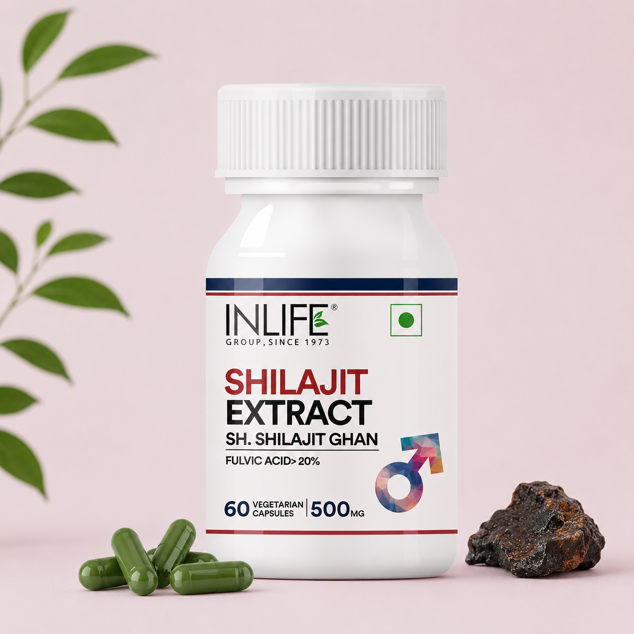 **Alt Text:** Inlife Shilajit Extract Capsules with 500 mg Shilajit extract standardized to over 20% Fulvic Acid to support e