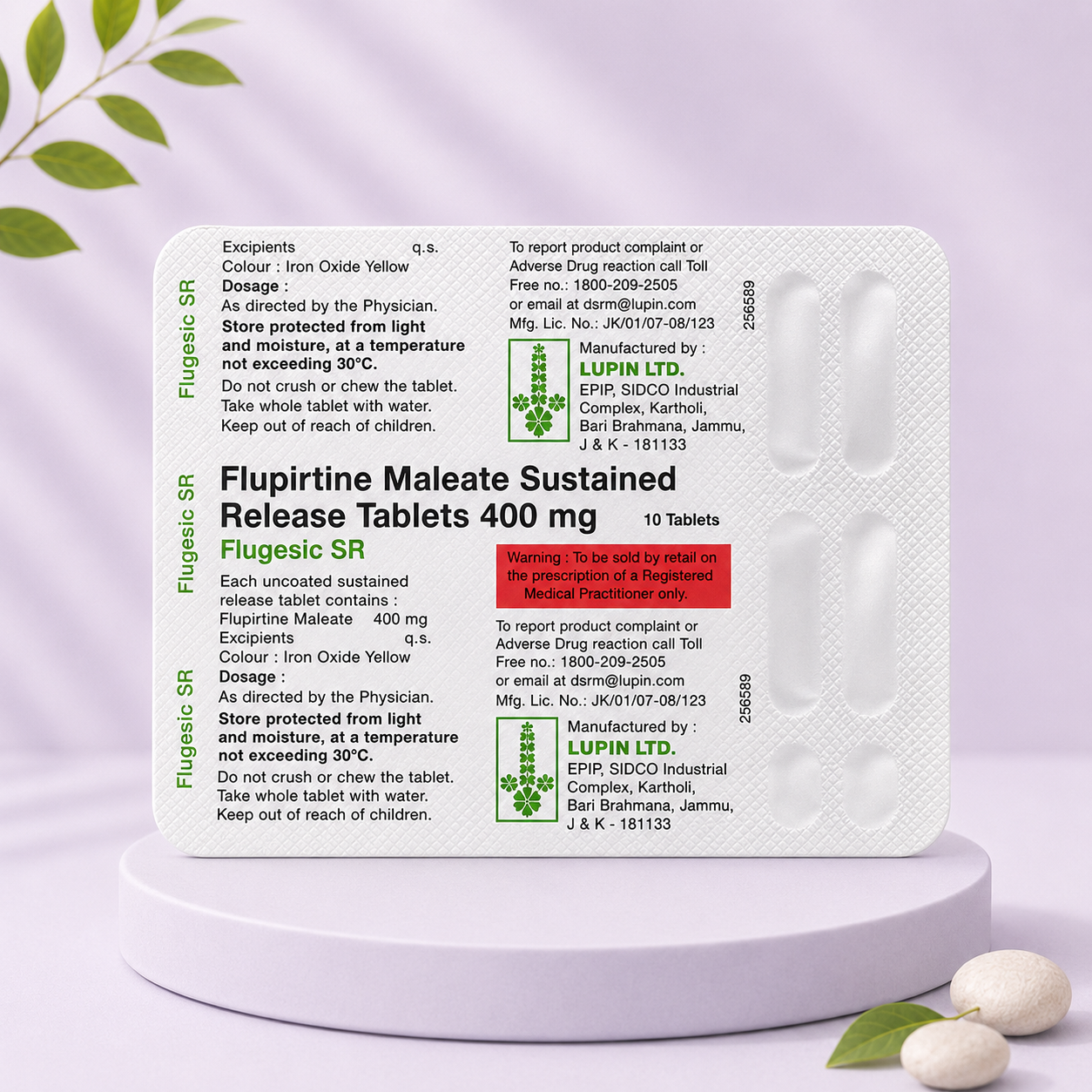 Lupin Flugesic SR 400 mg for joint pain relief | blister pack containing Flupirtine Maleate Sustained Release 10 tablets