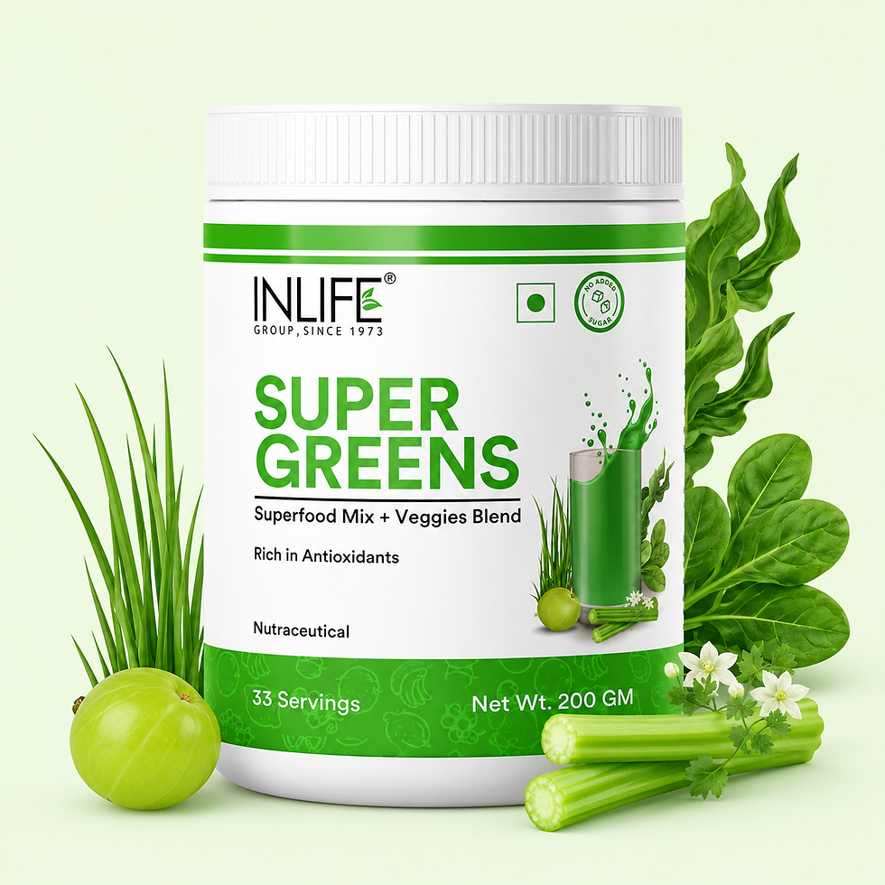 **Alt Text:** Inlife Super Greens Powder with a blend of greens, fruits, vegetables, spirulina, chlorella, wheat grass, barle