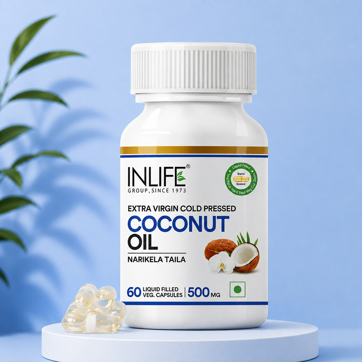 **Alt Text:** Inlife Coconut Oil Capsules containing 500 mg Coconut Oil (Narikela Taila) per vegetarian HPMC capsule, formula