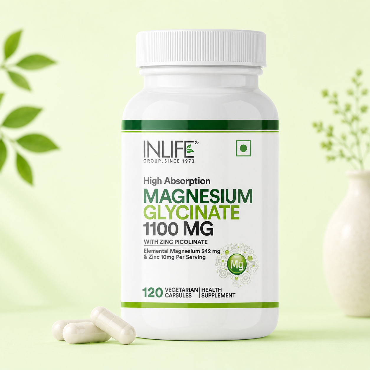 **Alt Text:** Inlife Magnesium Glycinate with Zinc Capsules, 60 vegetarian capsules with chelated magnesium bisglycinate and