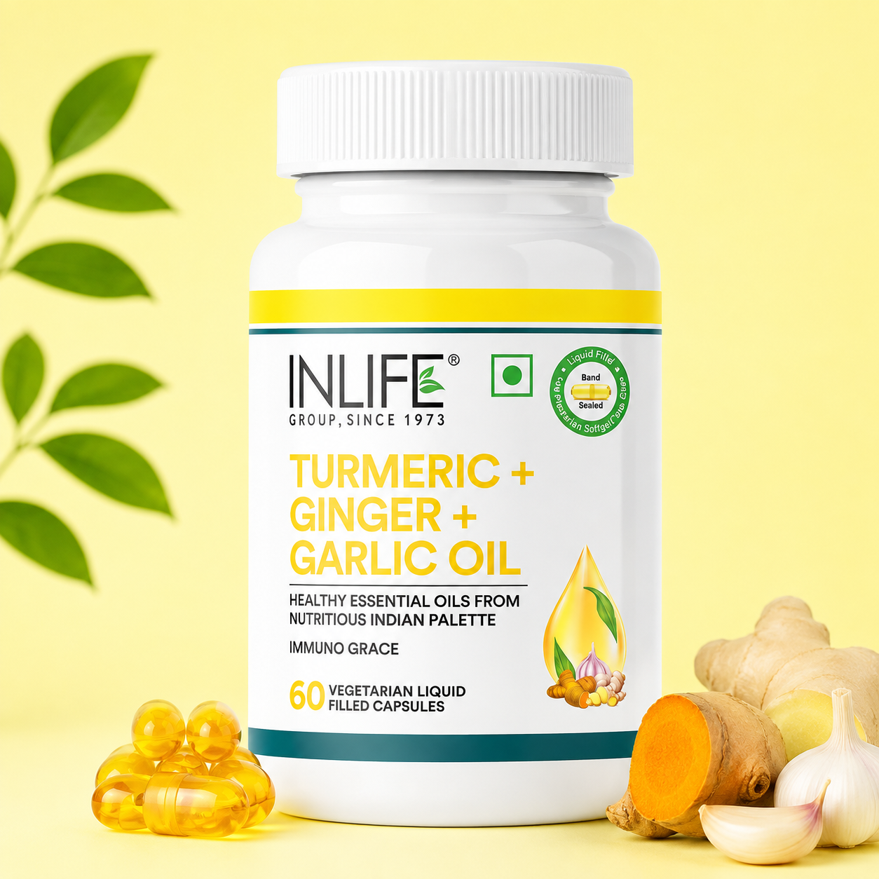 **Alt Text:** Inlife Turmeric + Ginger + Garlic Oil Capsules with turmeric, ginger, and garlic oils to support heart health,