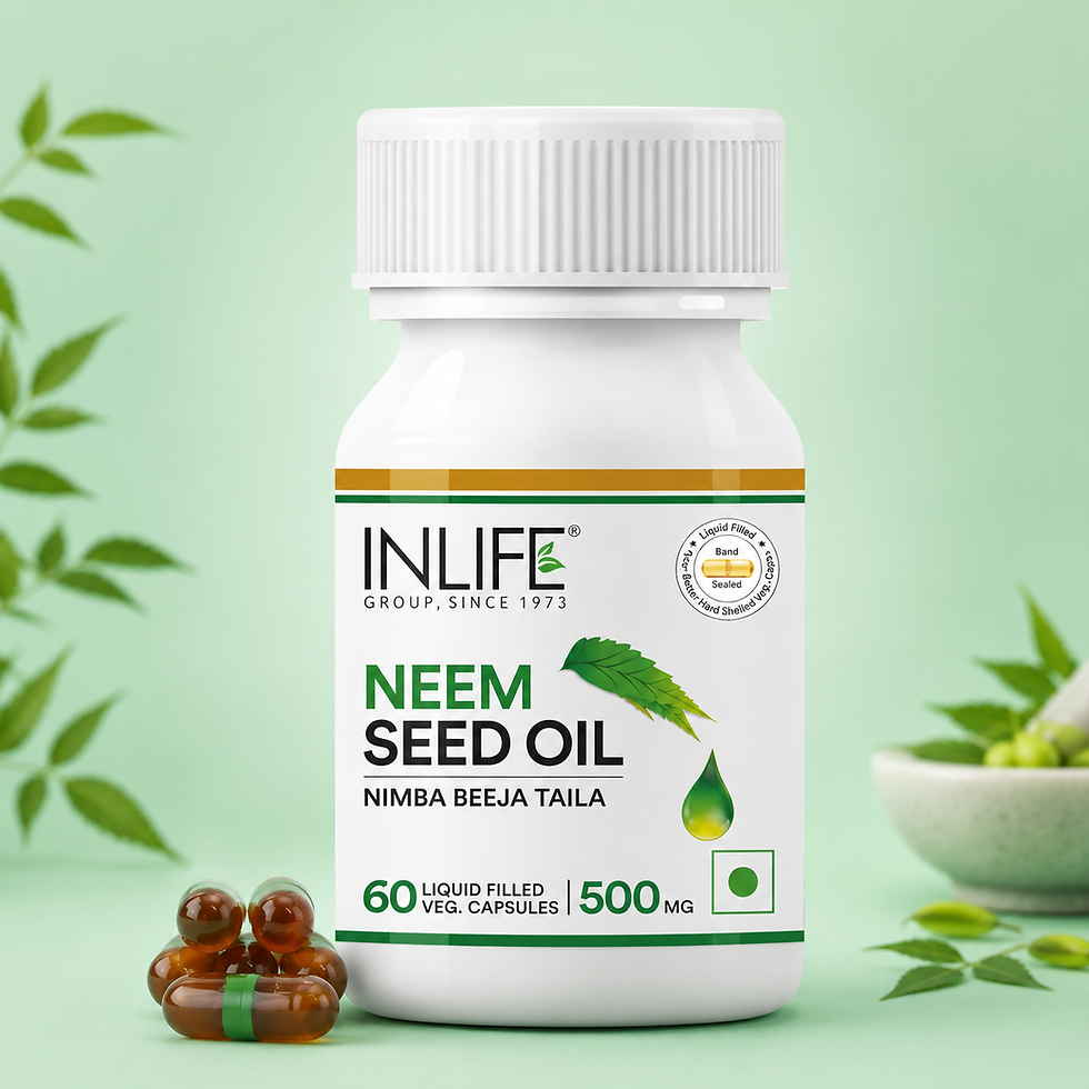 **Alt Text:** Inlife Neem Seed Oil Capsules with 500 mg Neem Seed Oil (Nimba Beeja Taila) to support healthy skin, immune fun