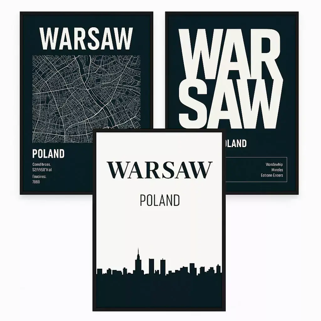 Zestaw Plakatów Warszawa Mapa Panorama Czarno Białe Styl Loftowy