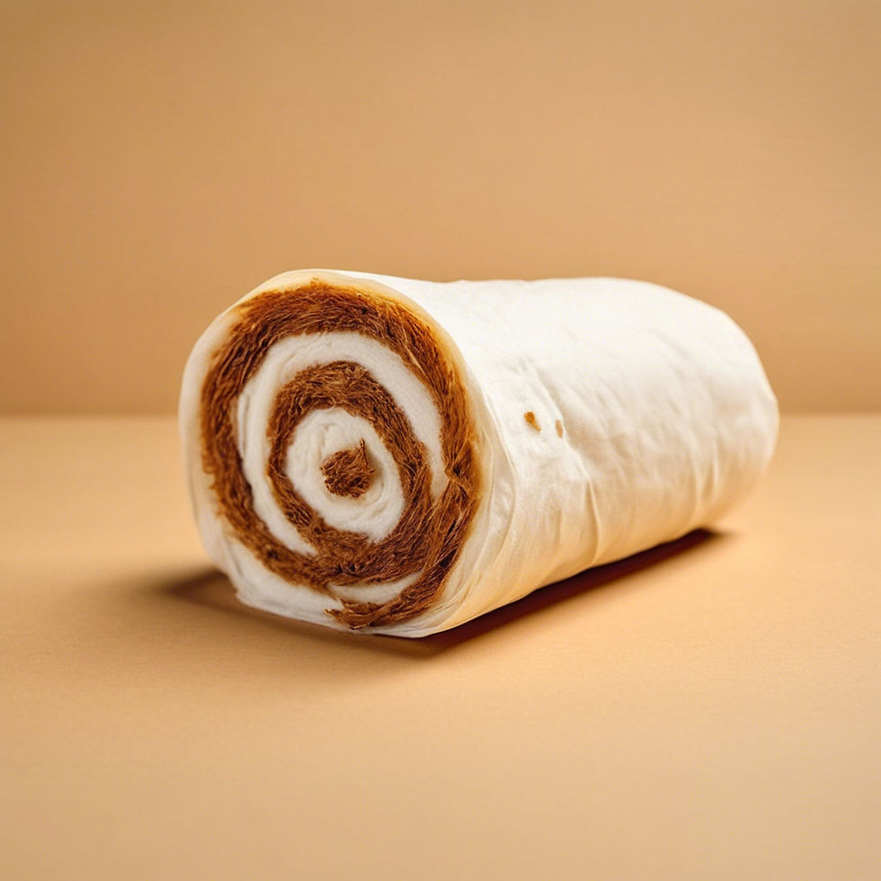 A rolled towel resembling a cinnamon roll on a beige background, with white and brown spiral patterns.