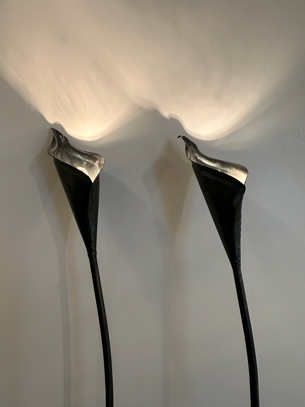 Thumbnail: Pair of Spanish Bronze Lilly shaped Lamps with Stone bases, 1980