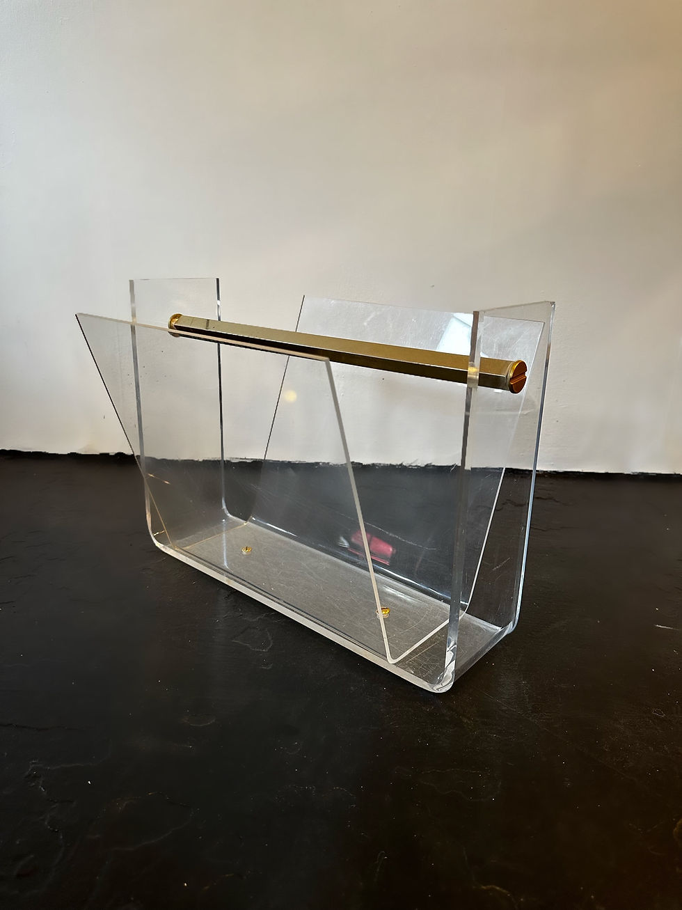 Vintage French Space Age Acrylic Glass and Brass Magazine Rack by David Lange fo