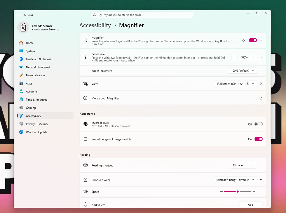 Windows Settings on Accessibility > Magnifier, with zoom set to 400% and Magnifier toggled on.