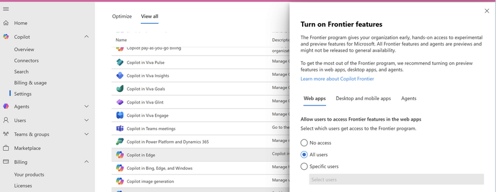 An image from M365 admin center where to enable Frontier