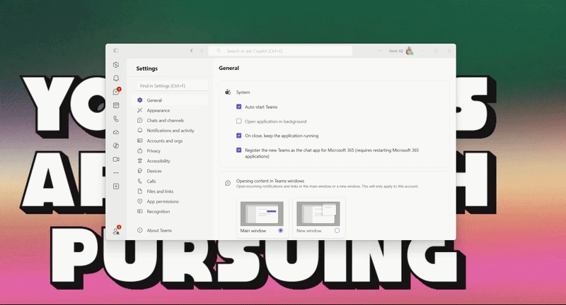 Microsoft Teams Settings on the General page, with checkboxes and window options over a colorful background with large bold text.